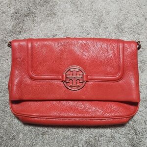 Tory Burch Amanda Deep Coral Fold Over Messenger Crossbody Bucket Leather Bag